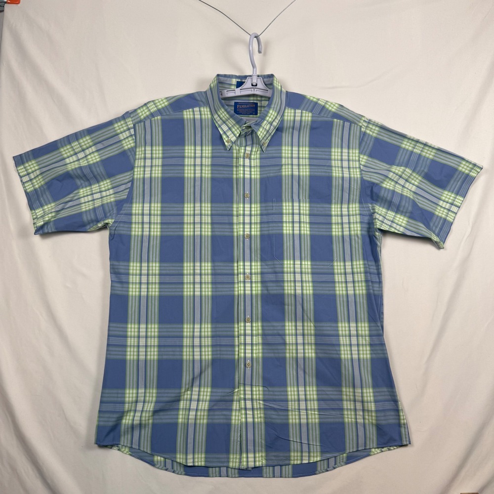 Pendleton Mens Large Blue Green Plaid Short Sleeve Cotton Button Down Shirt BZ